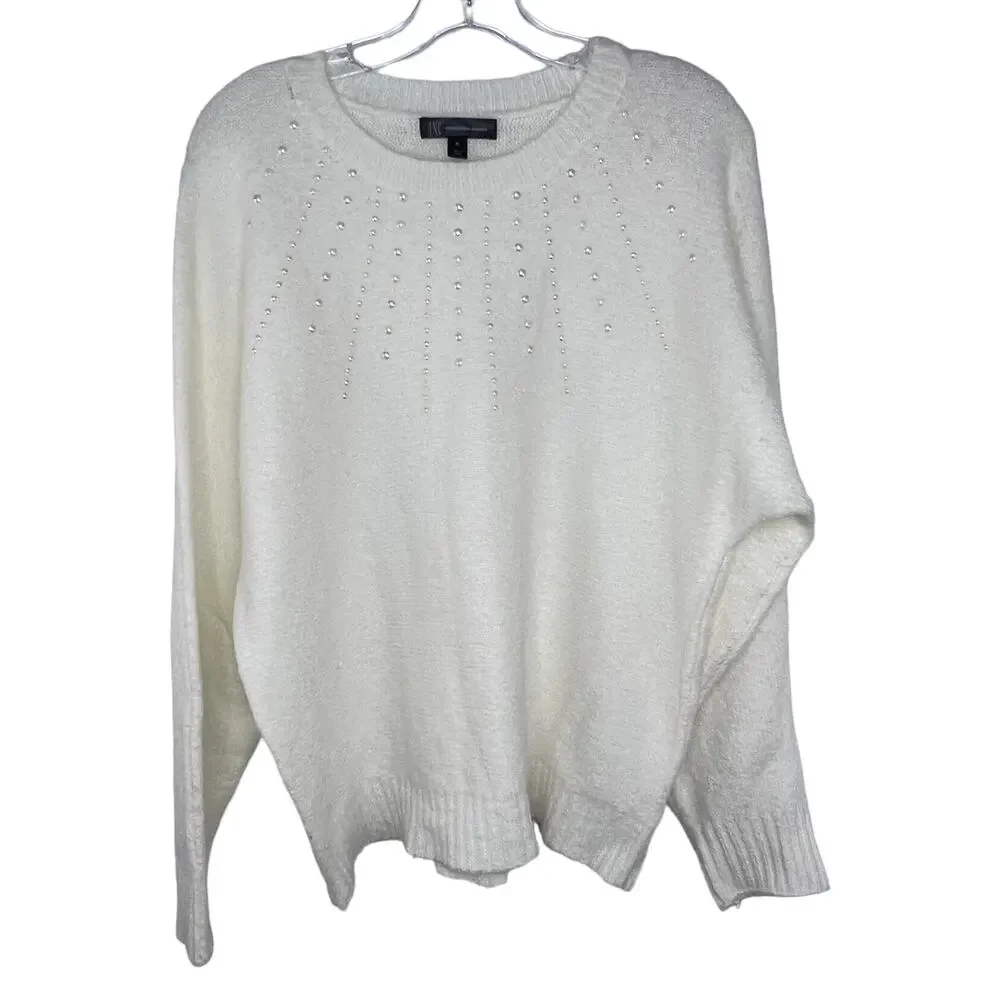 New INC Size XL White Round Neck Knit Pearl Accent Sweater